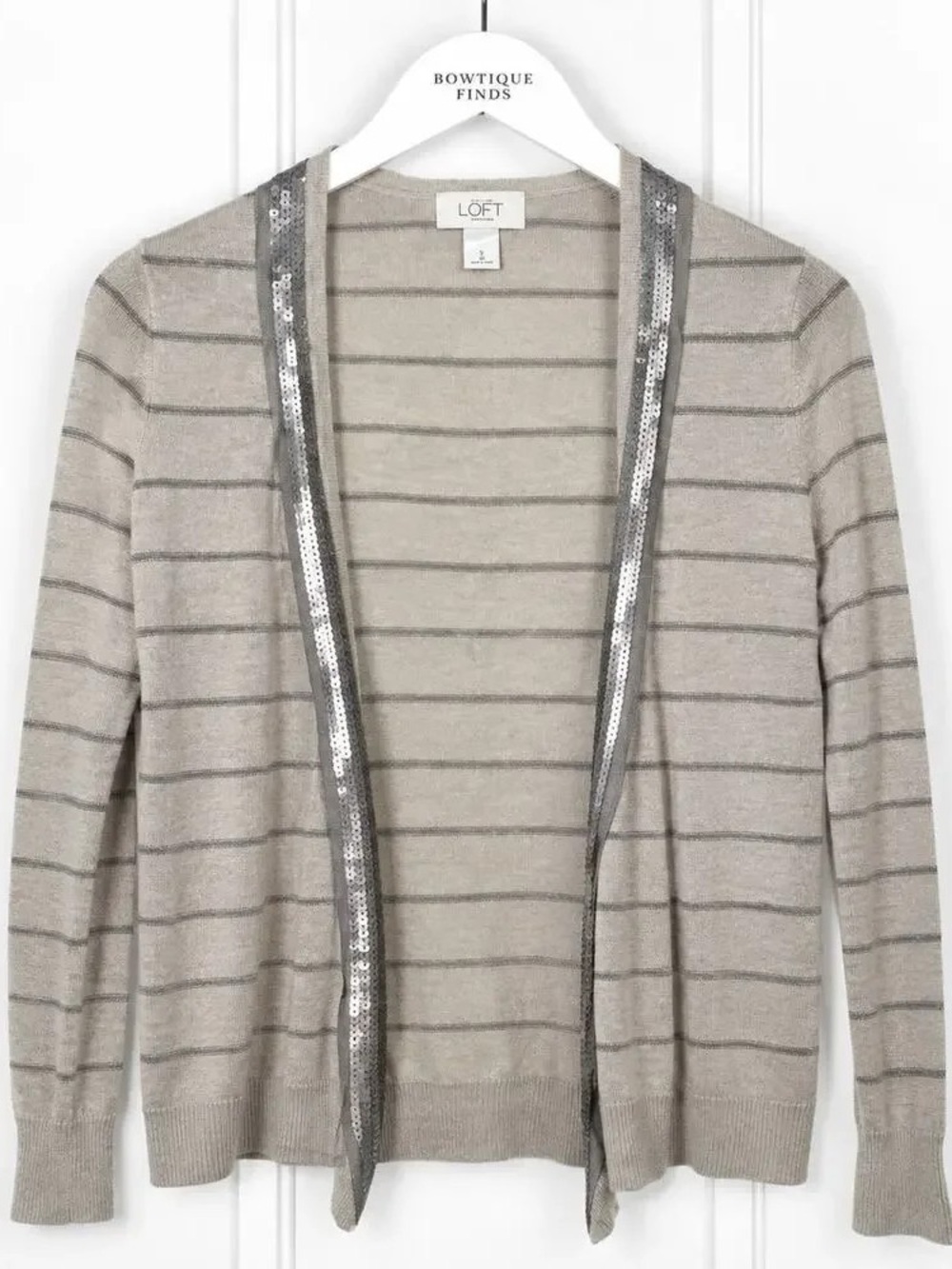 LOFT Women's Sequin Trim Beige Striped Open Cardigan